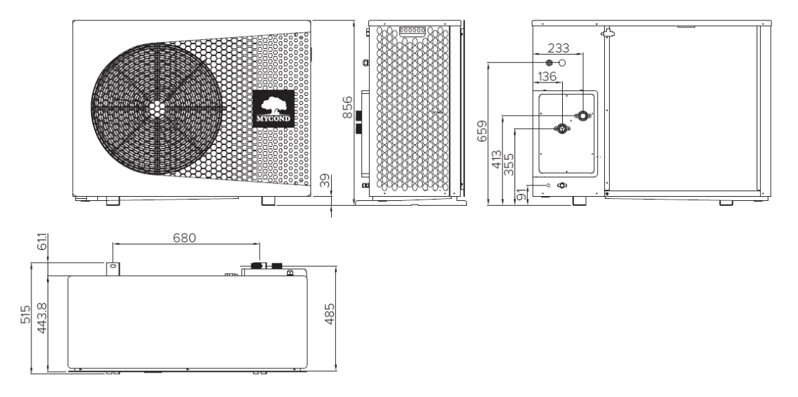 Diagram showcasing dimensions of the compact MyCond BeeThermic monoblock heat pump.