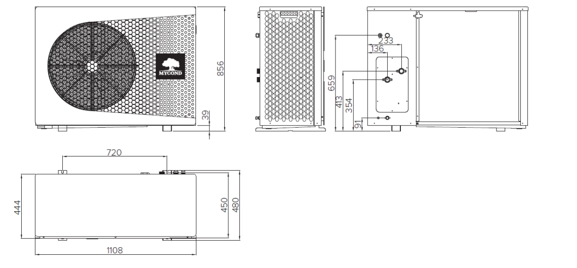 Dimensions diagram of the MyCond BeeThermic series monoblock heat pumps.