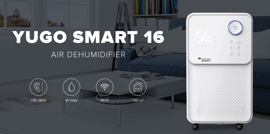 YUGO Smart 16 Compact dehumidifier with quiet operation and high efficiency.