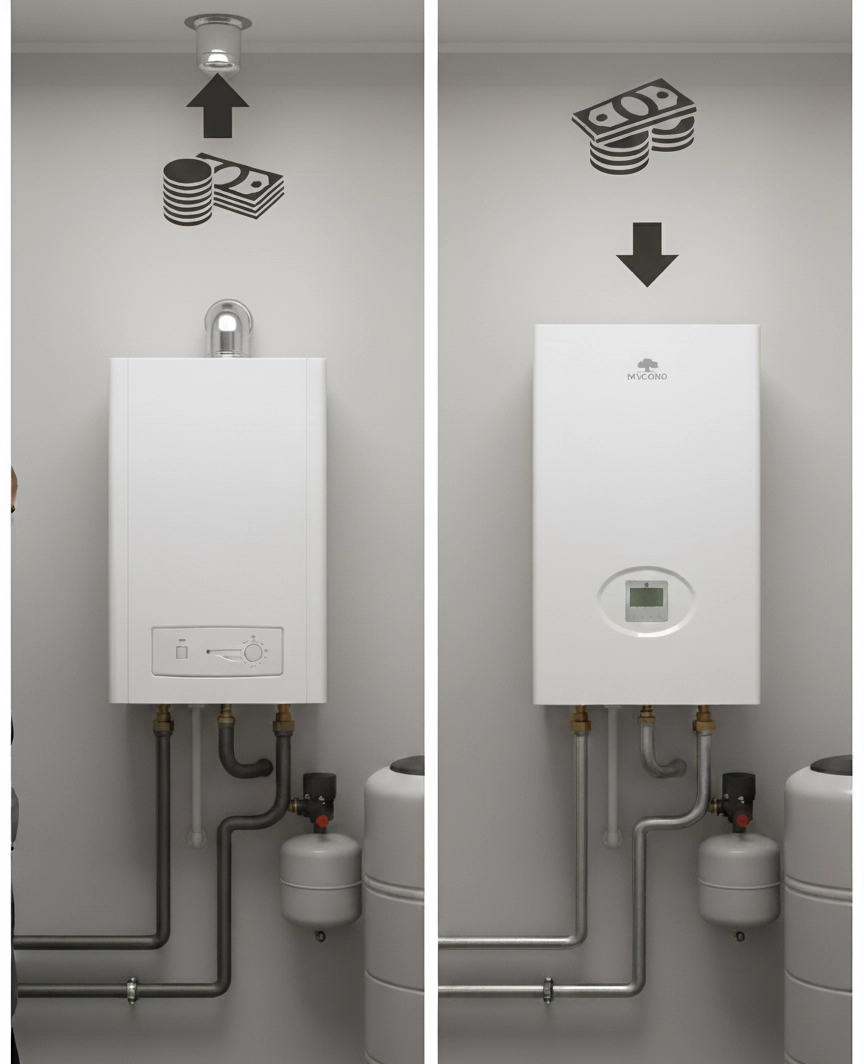 Comparison of heating efficiency between Mycond heat pump and gas boiler